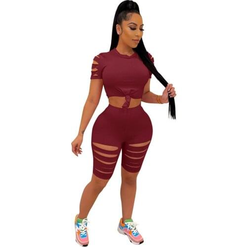 Sexy Round Neck Solid Color Short Sleeve Hollow out Sports Suit Two-Piece Female Top Suit Women