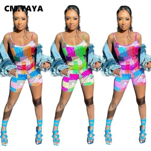 CM.YAYA Print Patchwork Sleeveless Spaghetti Strop Playsuit Sexy O-neck Low Collar Sheath Elastic Playsuits Female High Street