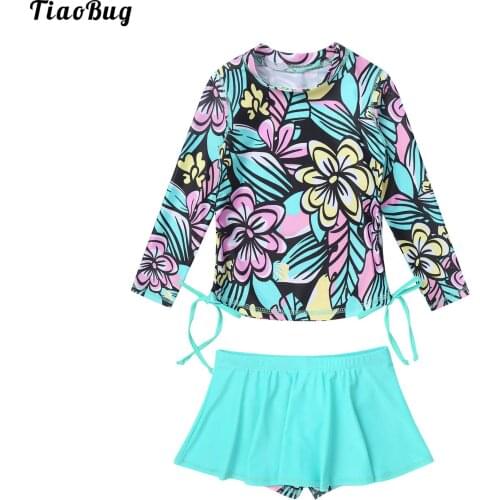 TiaoBug Fashion Summer Kids Girls 2Pcs SwimSuit Long Sleeve Flower Printed Tops With Skirt Style Shorts Swimwear Beach Sets