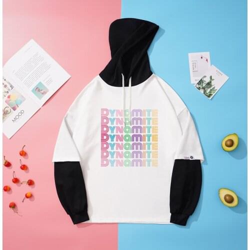 Bangtan Boys Kpop Hoodies y2k Loose Casual Unisex False 2pc Splic Pullovers Dynamite Letter Print Korean Women Hooded Sweatshirt
