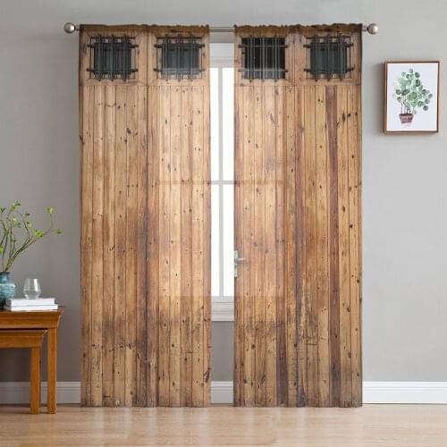 Vintage Farm Wood Door Rustic Sheer Curtains for Living Room Bedroom Kitchen Chiffon Tulle Curtains Home Hotel Coffee Decor