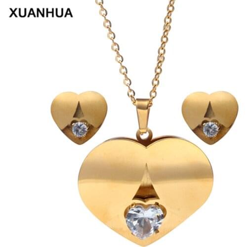 XUANHUA stainless steel fashion heart zircon gift bridal jewelry sets for women african earrings and necklaces set for party