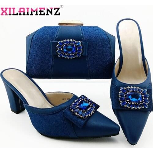 Royal Blue Nice Design Italian Rhinestone Shoes With Matching Bags Latest Italian Women Pointed Toe Slipper and Bags Set On Sale