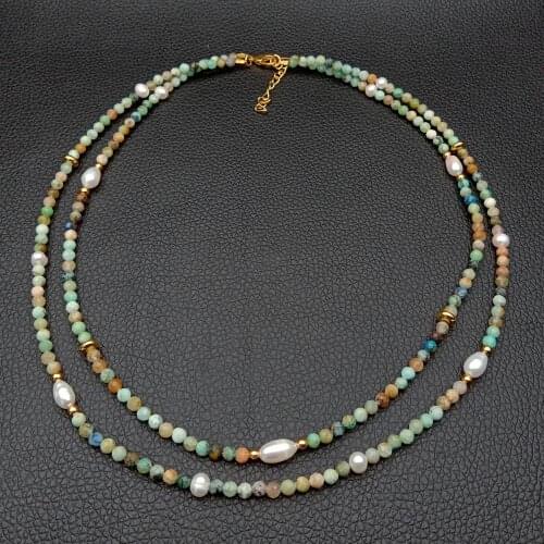 YYGEM 2 strands natural faceted Azurite Malachite white rice freshwater Pearl choker Necklace 17" cute style for women