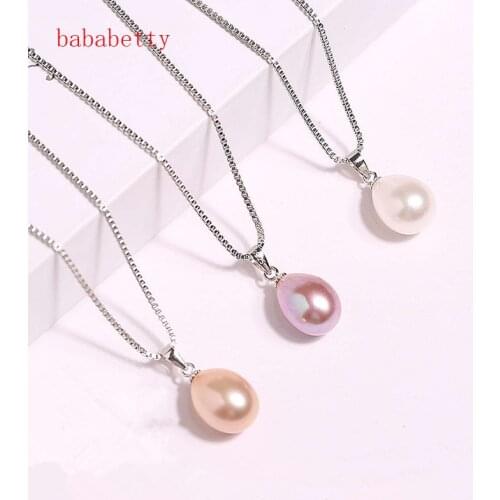 Fashion Natural 9X12mm AAA+ white pink purple pearl pendant Necklaces 925 sterling silver chain