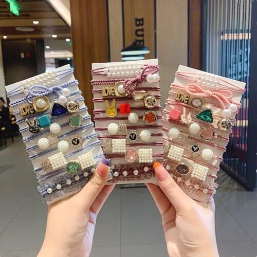 11PCS NEW Mesh Bag Packaging High Quality Female Girls Geometric Shape Geomet Cartoon Bow Hair Rope Hair Circle Womens HeadWear