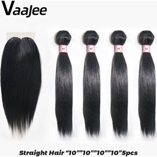 VaaJee Women Synthetic Hair Weave Bundles with Closure Black 8" 10" 5pcs/lot High Quality Straight Hair Bundles Hair Extension