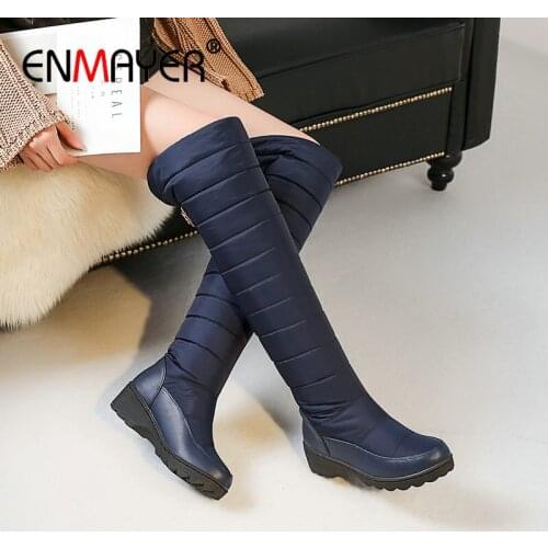 ENMAYER 2019 Women Shoes Down Snow Boots Round Toe Slip-On Over-the-Knee Snow Boots Square Heel Women Boots Winter 34-43