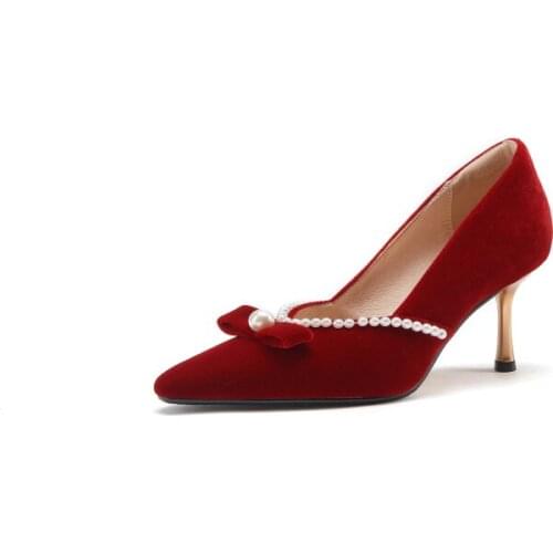 Osunlina Thin Heels Pumps Woman 2021 Fashion Pearl Decoration Pointed Toe Pumps Wine Red Velet Wedding Party Lady Slip On Shoes