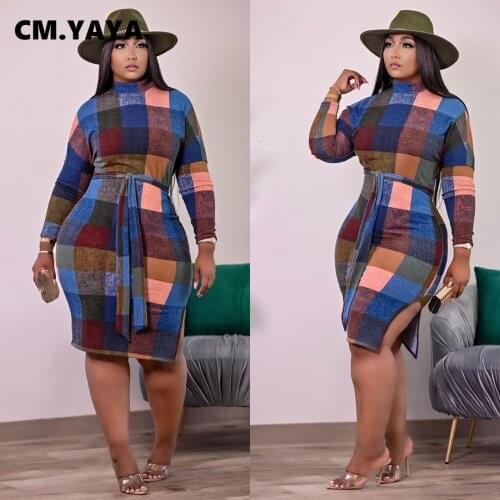 CM.YAYA Full Sleeve Plaid Knee-length A-line Side Split Dress for Women with Belt Elegant Vintage Female Dresses Winter Clothing