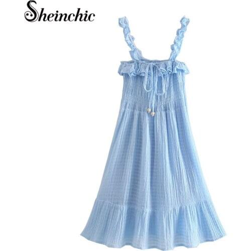 Vestidos De Mujer Casual Elegant Ruffles Spaghetti Strap Pleated Dresses for Women 2021 Summer Blue Robe Femme