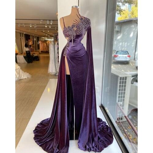 Purple Mermaid Long Evening Dresses 2021 Real Pictures Heavy Beaded Top Sexy High Slit Arabic Style Dubai Women Formal Gowns