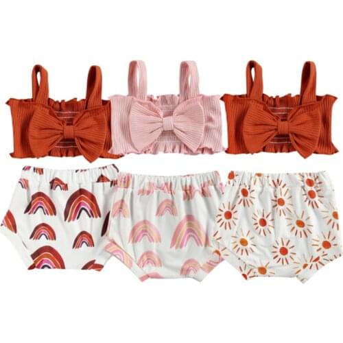 2021 Summer Toddler Baby Girls 2Pcs Clothes Set Solid Color Big Bow Sleeveless Tops Printed Triangle Shorts Cute Sets
