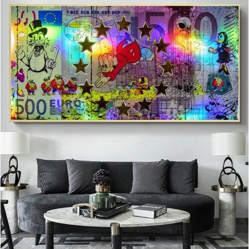 500 Euro Bill Money Wall Posters and Prints on Canvas Painting Wall Art Donald Duck Big Boss Swimming In Gold Sea Pictures