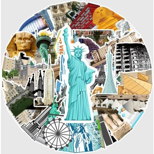 64PCSPcs Landmark Building Stamp Stickers Toys Decals For Suitcase Laptop Luggage Water Bottle Phone Multiple Stamp Styles