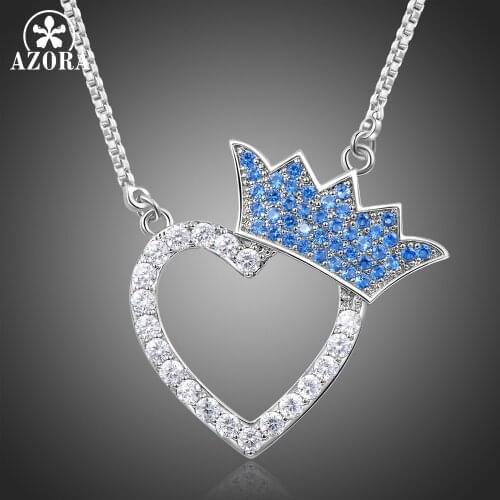 AZORA Blue Crown Heart Christmas Necklaces Fashion Pendant Link Chain Jewelry Cloth Accessories Halskette Bisuteria Mujer TN0253