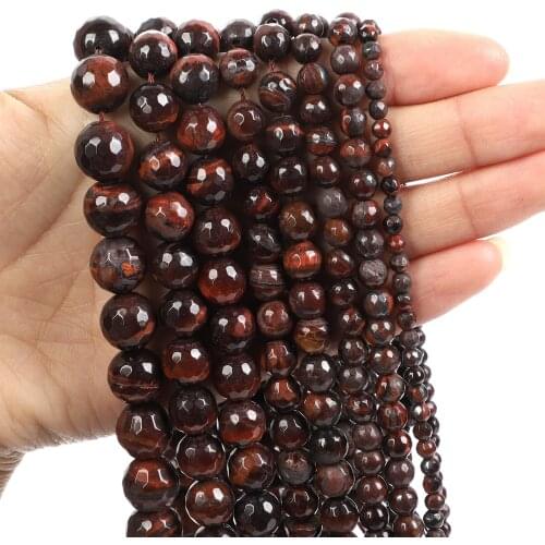 Natural Stone Beads Cut Surface Red Tiger Eye Stone Loose Beads for Jewelry Making Needlework DIY Bracelet Strand 4-12 MM