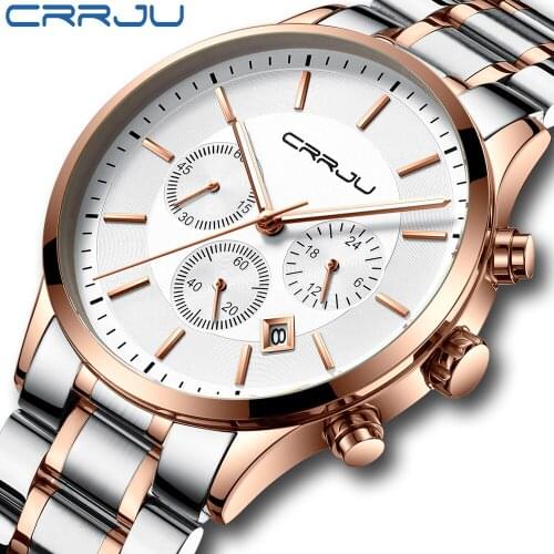 CRRJU Mens Watch Top Luxury Brand Casual Chronograph Quartz Wristwatch Fashion Style Male Military Waterproof Calendar Clock