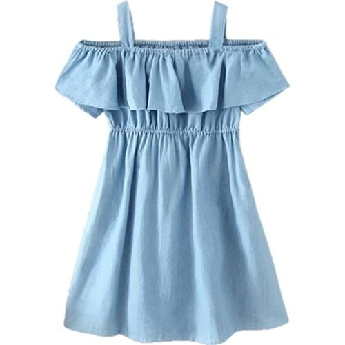 Toddler Infant Child Baby Kids Girls Denim Off Shoulder Casual Summer Dress Sleeveless Sundress Ruffled Clothes 4-12T