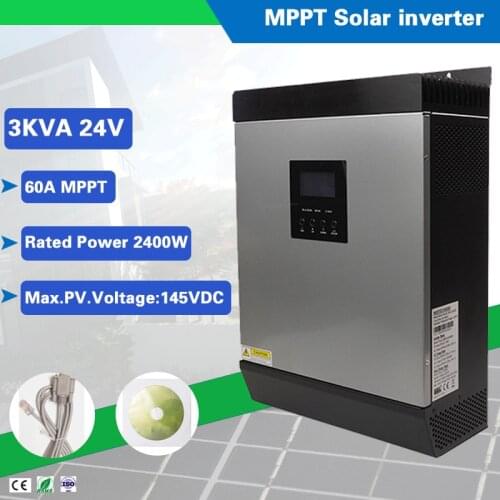 3000VA 2400W 24V 220V Off Grid Hybrid Inverter Pure Sine Wave with Built-in 60A MPPT Solar Controller Charger