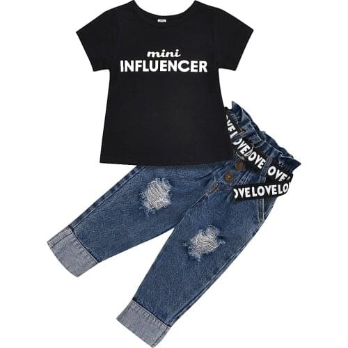 Lioraitiin 1-6Years Toddler 2Pcs Clothing Set Baby Girl Summer Short Sleeve Letter Priented Black Shirt Top Hole Demin Long Pant