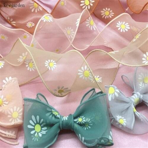 Kewgarden Print Daisy Hemming Organza Ribbon 65mm Handmade Tape DIY Bow Hair Accessories Gauze Packing Riband 5 Meters