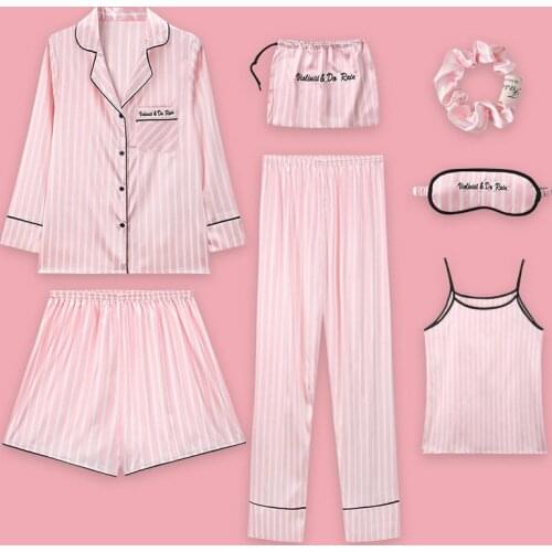 Summer Sexy Pajamas With Suspenders Ice Silk Pajamas Thin Silk Imitation Home Dress Casual Sleep Set 7PCS Casual Home Clothing