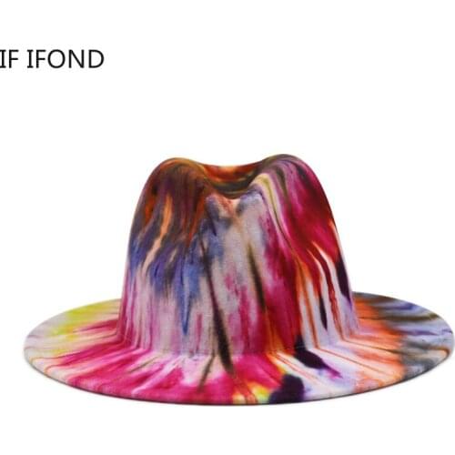 Fashion Spring Tie-dye printing Wide Brim Felt Jazz Fedora Hats for Men Women 2021 British style Party Formal Dress Hat