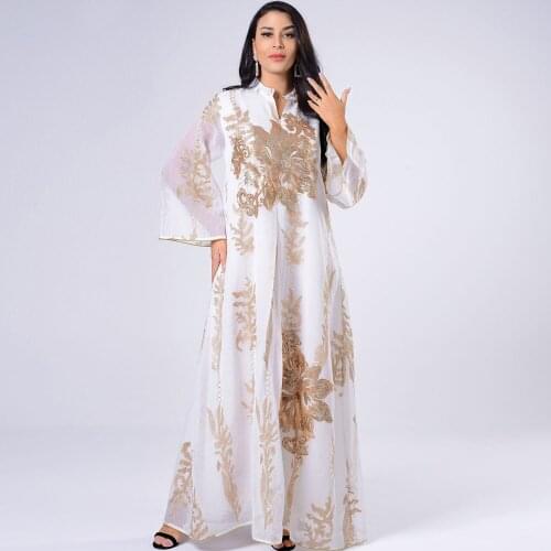 Muslim Fashion Ladies Long Skirt Gold Sequins Embroidery Tulle White Abaya Female Dubai Arab Elegant Clothing Long Sleeve Kaftan