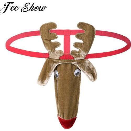 Gay Mens Lingerie Underwear Open Butt Sexy Panties Christmas Reindeer Pattern Bulge Pouch Bikini Thongs and G-Strings Jockstraps