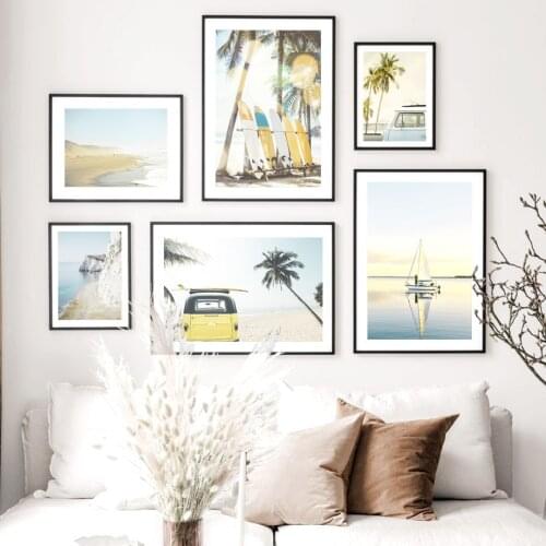 Wall Art Canvas Painting Yellow Van Surfboard Summer Time Beach Nordic Posters And Prints Wall Pictures For Living Room Decor
