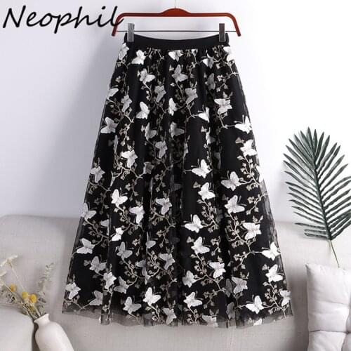 Neophil 2021 Autumn Retro Butterfly Embroideried Mesh Skirts Layers Women Elastic Waist Party Tulle Midi Skirt Jupe Femme S21824