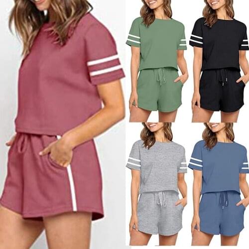 2021 summer new ladies pure color casual striped sports short-sleeved shorts all-match two-piece suit