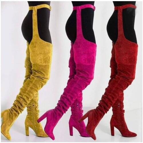 New Solid Suede Leather Women Over Knee Long Boots Pointed Toe Ladies Belt Thigh High Boots Chunky High heels Long Boots