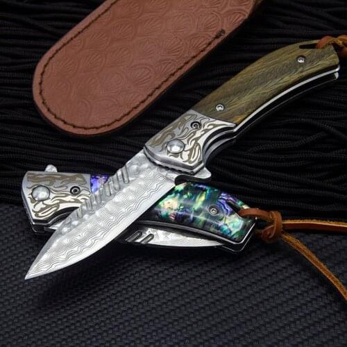 New Damascus Steel folding Knife green sandalwood / color shell Handle Camping Knife Small Portable Survival Hunting Knives