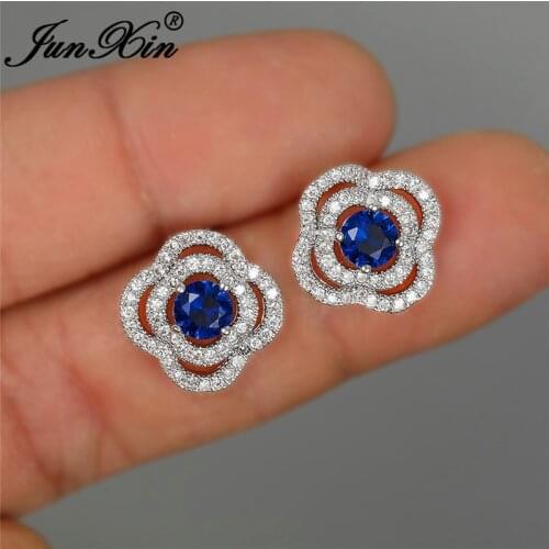 Vintage Multicolor Crystal Flower Stud Earrings For Women White Gold Colorful Zircon Blue Green Yellow Stone Wedding Ear Studs