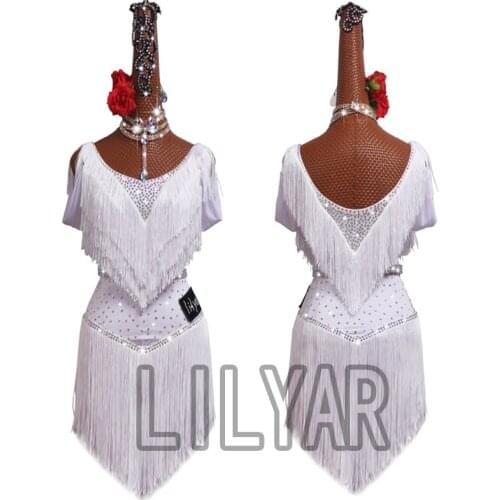 New Latin Dance Dress Skirt Competition Dresses White Decoration Latin Dance Costumes Skirt Tassel Fishone Skirtes Round Neck