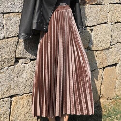 Chic Women skirt korean style Spring/summer 2021 ladies Solid Color Elastic Waistband Pleated Velvet Large Swing Long Skirt xxxl