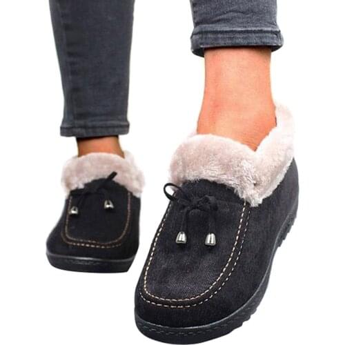 Winter Warm Flats Shoes For Women Low Heel Warm Non-slip Cotton Plush Lined Cotton Shoes Womens Winter Flats Femmes Chaussures