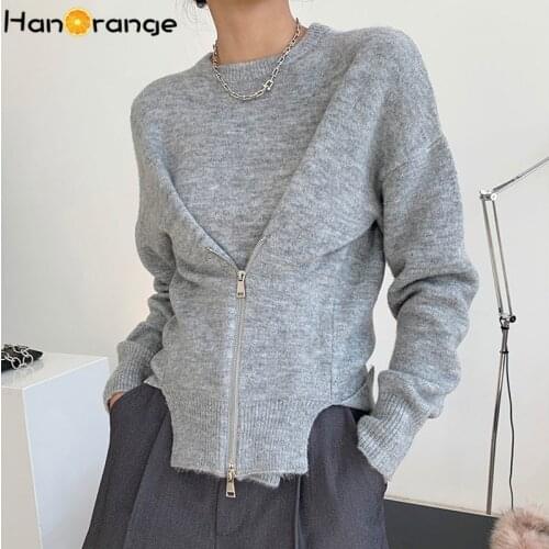 Winter Women Elastic Mohair Round Neck Zipper Sweater Female Doubleside Wearable