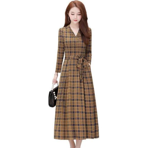 Spring Autumn Women Dresses 2021 Fashion Women Long Dress National Wind New Large size Lattice V-neck Women Dress JK55