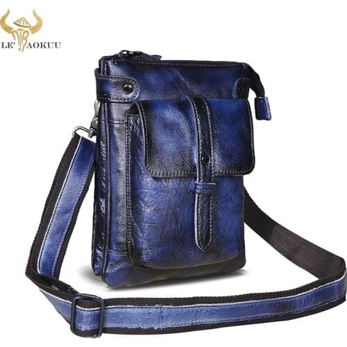 Quality Leather Men Multi-function Design Blue Casual Crossbody Messenger Bag Fashion Fanny Waist Belt Pack Bag Tablet Case 8711