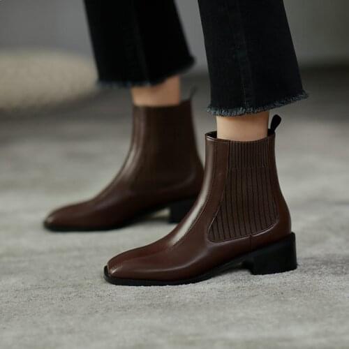 Classic Office Boots Women Ankle Boots Autumn Winter Square Heeled Chelsea Boots Genuine Leather Shoes Woman