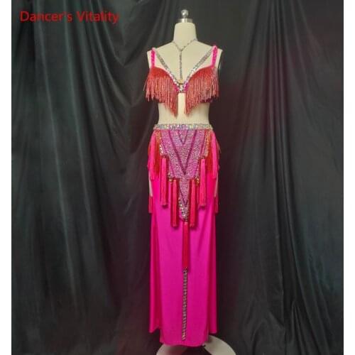 Belly Dance Suit Tassel Diamond-Studded Bra Split Skirt Performance Clothes Set High-End Custom Adult Child Competition Clothing