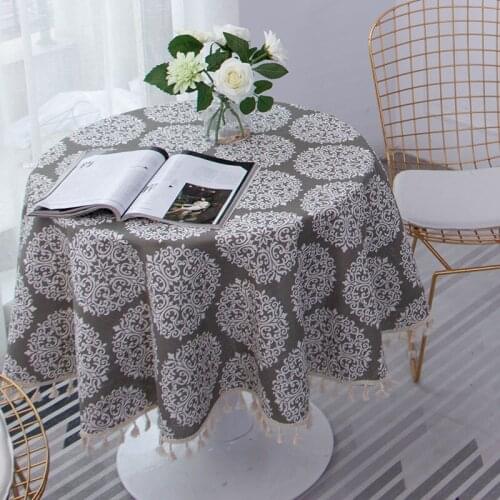 European style grey cotton and linen round tablecloth high quality elegant tassels dining table printed decorative hotel cover