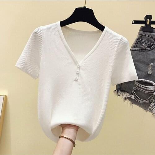 Summer V-neck Button T-shirts Women Casual Slim Cotton Knitted Tops Ladies White Short Sleeve Tee Shirt Woman Korean 2020