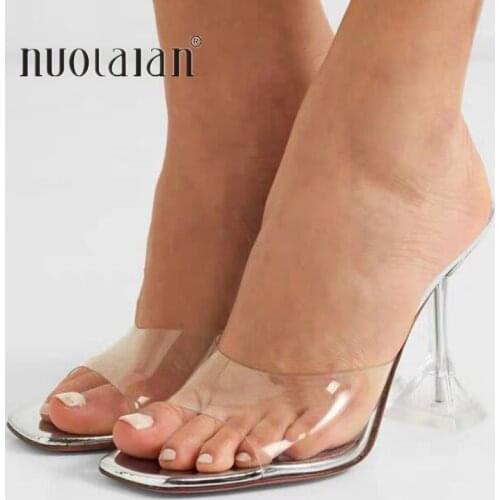 Summer Women Pumps Silver PVC Jelly Slippers Open Toe High Heels Women Transparent Perspex Slippers Shoes Heel Clear Sandals