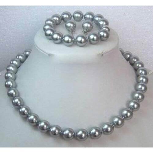 Hot sale new Style 10MM Gray Shell Pearl Round Beads Necklace Bracelet/ Earrings Set 18 inch Genuine Lucky Ladys jewelry Fine W