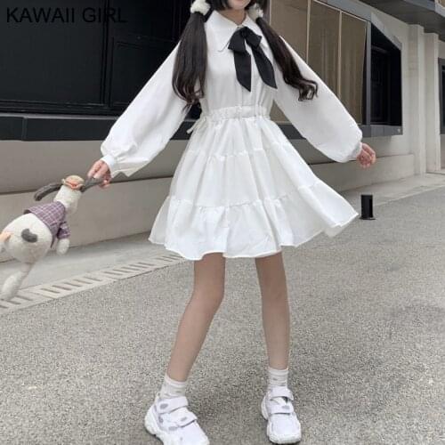 Cute Girls' One Piece Dress Sweet Spring WomenS Clothing Robe 2021 New Korean Ruffles Loose Black White High Waist Cake Dresses