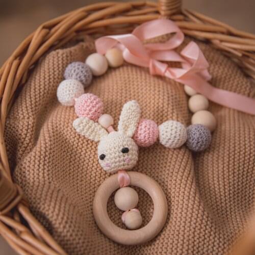 Cute Rabbit Crochet Beads Teething Necklace Wooden Teether Nurse Accessories Gifts Montessori Toys for Newborn Teether Chain